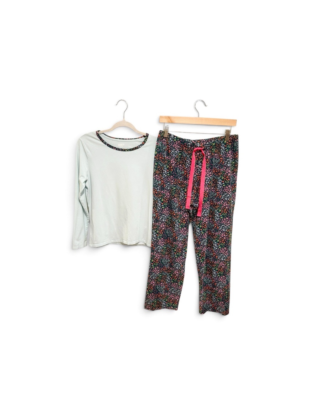 SET Lands' End Mint Top with Blue Multicolor Floral Trim and Floral Pants